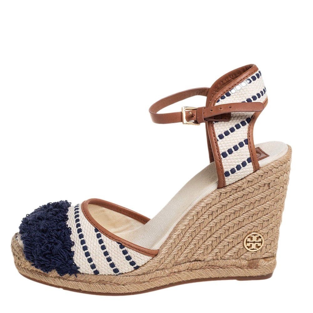 Tory Burch Navy and Brown Wedge Espadrilles